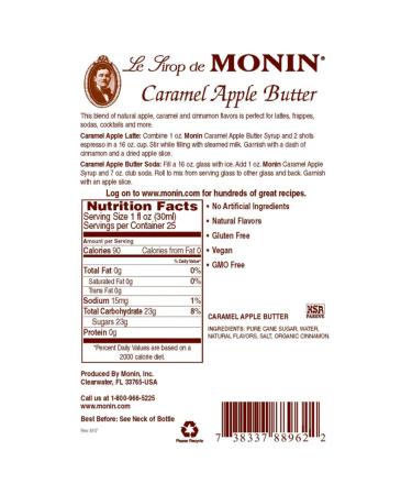 Monin Caramel Apple Butter Syrup - Buttery Caramel & Cooked Apple Flavor | Non-GMO & Gluten-Free | Ideal for Hot Lattes, Ciders, and Seasonal Cocktails | 750 ml (25.36 Fl Oz) Pack of 1 - Buy Online on SooperMarket.com