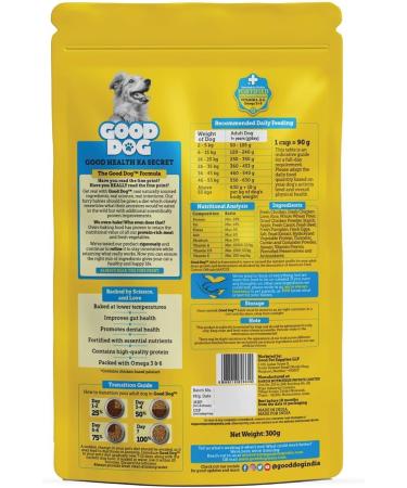 Good Dog Real Chicken & Veggies Adult Dog Food| Gently Oven Baked Kibbles | 60% Real Chicken | Fortified with Vitamin A D E & Omega 3 & 6 | for Dog 18 Months Onwards | Pack of 2 (300g*2) - Buy Online on SooperMarket.com