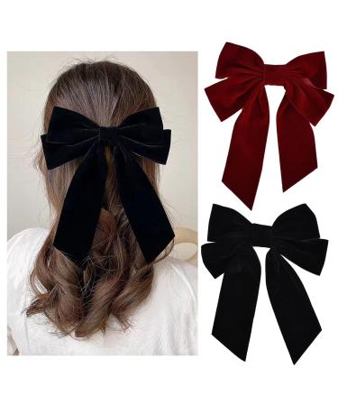 Kioiner 2 Pcs Large Bow Hair Clips Black Red Velvet Bows Barrettes French Bowknot Hair Clips Metal Hair Clips with Long Tail for Girls Women Ladies