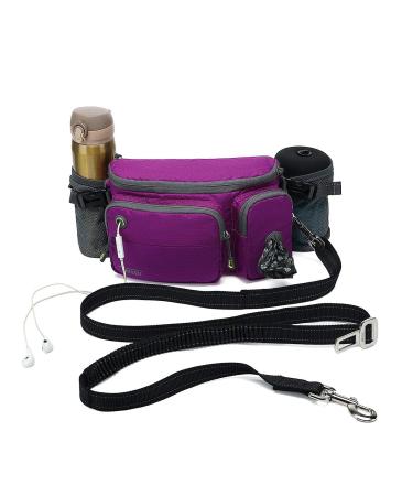 TUDEC 4-in-1 Hands Free Dog Zero Shock Absorbee Bunge Leash a Multifunctional Waist Bag 5.8ft/178cm Leash car Seat Buckle Buckle and Reflective Threading Ybgs Purple Bag+Black Leash