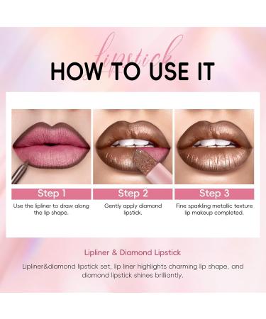 Metallic Dark Brown Lipstick Liner Set - Long Lasting Glitter Diamond Lip Color | Full Coverage Non-Stick Makeup for Women - Buy Online on SooperMarket.com