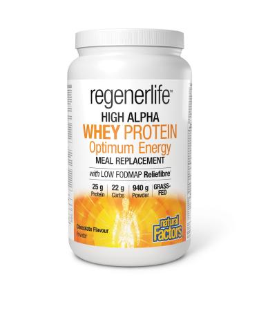 Natural Factors Regenerlife High Alpha Whey Protein Chocolate Flavour 940g powder Helps You Feel Full for Longer 25g of protein plus 5g of Low-FODMAP Reliefibre Grass-Fed Whey