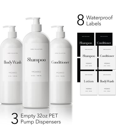 MOIIKKO 32oz Refillable Shampoo and Conditioner Bottles - Pack of 3, White Dispensers with Waterproof Labels - Modern Bathroom Accessories - Buy Online on SooperMarket.com