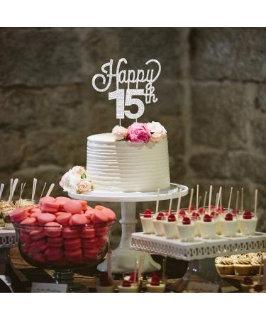 LINGTEER Happy 15th Birthday Silver Rhinestone Cake Topper - Cheers to 15th Birthday Party Decorations - Buy Online on SooperMarket.com