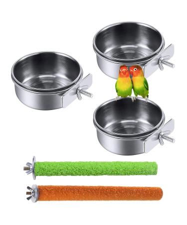 PINVNBY Bird Feeding Dish Cups Parrot Stainless Steel Food Water Dish Perch Stand Platform Paw Grinding Toy Feeder Cage Bowl with Clamp Holder for Budgies Parakeet Macaw Small Animal (5 Pack) 3PCS-M