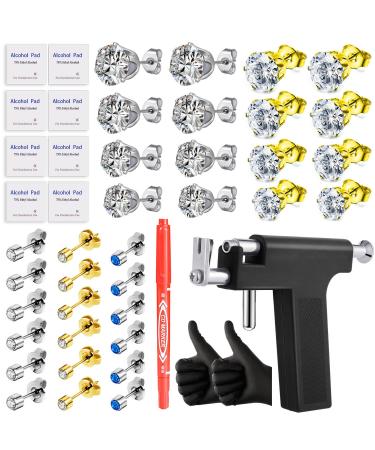Self Ear Piercing Gun Kit-Professional Salon and Home Use Peircings Gun Tools Kit With 17 Pairs of Diamond Stud Earrings Set For Ear Nose Lip Piercing Black
