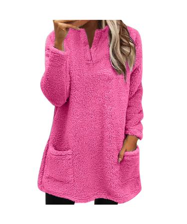 AMhomely Ladies Womens Soft Teddy Fleece Hooded Jumper Plus Size Double Fleece Casual Hoodies With Pocket V Neck Soft Fleece Hooded Sweatshirts Plain Pullover Tops Winter Lightweight Lounge Tops 03 Hot Pink 3XL