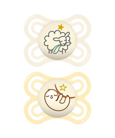 Mam Perfect Night Schnuller in the 2 Set bright in the dark tooth-friendly baby pacifier from sustainable & organic-renewable materials with pacifier box 0-6 months sheep / sloth 0-6 / night (2 pack) Beige-Zartrosa /yellow