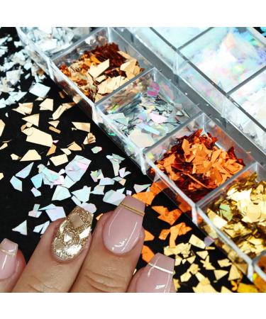 Holographic Nail Glitter Flakes | 12 Grids 3D Irregular Sequins | Shiny Gold & Silver Nail Art Supplies | Vintage Glitter for UV Gel Nails Design - Buy Online on SooperMarket.com