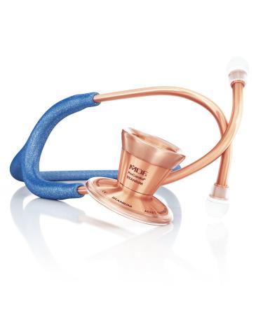 MDF Instruments Blue Glitter Rose Gold ProCardial Cardiology Stethoscope Limited Edition Mprints Lightweight Titanium Adult Dual Head Blue Glitter Tube Chestpiece-Headset MDF797TGL10RG