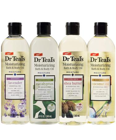 Dr Teal's Mothers Day Bath & Body Oil Variety Gift Set (4 Pack 8.8oz Ea.) - Soothing Lavender Rejuvenating Eucalyptus Ultra Rich Shea Butter & Nourishing Coconut Oil - Essential Oils Hydrate Skin