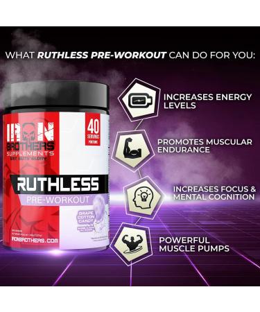 Iron Brothers Supplements Ruthless Pre workout Powder for Women & Men | Creatine-Free Nitric Oxide Booster | Energy & Focus | Workout Supplement Bulk Pre-Workout | 40 Servings (Grape Cotton Candy) - Buy Online on SooperMarket.com
