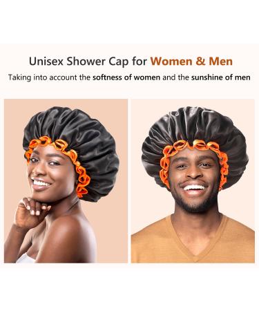 Mikimini Black Shower Hoods 2-Pack | Double-Layer Waterproof Bathing Hair Cap | Soft & Comfortable PEVA | Cute Stretchy Medium Size Black & Orange - Buy Online on SooperMarket.com