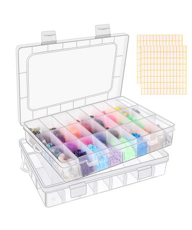 2 Pack 24 Grids Clear Plastic Organizer Box Storage Container with Adjustable Divider Craft Organizers and Storage Bead Storage Organizer Box for DIY Jewelry Tackles with 2 Sheets Label Stickers