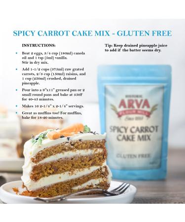 Gluten Free Carrot Cake Mix Spicy Carrot Cake Mix 435g - Makes a 9x9 Cake or 12 Cupcakes 100% GF Mix - Made in Canada by Arva Flour Mills - Buy Online on SooperMarket.com