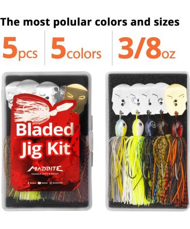 MadBite Bladed Jig Fishing Lures 5 pc and 3 pc Multi-Color Kits with Vibrating Action, Heavy-Wire Hooks, and Storage Box - 3/8 oz - Ideal for Clear Water & Muddy Water fishing - Buy Online on SooperMarket.com