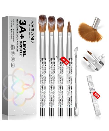 Saviland 4 PCS Acrylic Nail Brush with Nail Brush Holder - Nail Brush Set with Cuticle Pusher for Acrylic Powder Nail Extensions Nail Carving Acrylic Nails Application Nail Art for Home DIY Nail Salon 03-4 pcs brush with gift