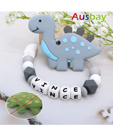 Personalized Stegosaurus Grey Teether Stroller Clip with Name | Custom Baby Toy Holder - Buy Online on SooperMarket.com