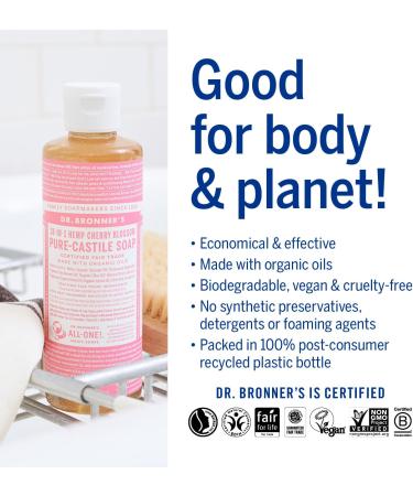 Dr. Bronner's 18-in-1 Cherry Blossom Pure-Castile Liquid Soap - 240ml | Made with Organic Oils | Face, Body, Hair, Laundry, Pets, Dishes | Fair Trade & Vegan | Recycled Bottle - Buy Online on SooperMarket.com