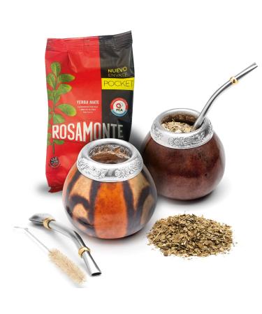 Balibetov Set with 2 Yerba Mate Gourd and 1 pack with 100g Yerba Mate - Yerba Mate Cup Argentina - 2 Mate cups 2 bombilla 1 cleaning brush 1 loose yerba mate bag dark browne - natural 02