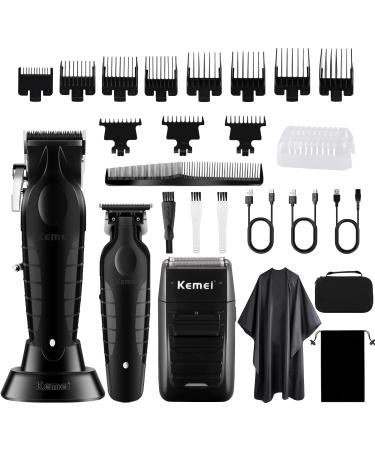 KEMEI Professional Hair Clippers Trimmer and Foil Shavers Set Electric Hair Clippers for Men Cordless Barber Clippers T Blade Zero Gapped Hair Trimmer Rechargeable Detailer Trimmer Electric Razor