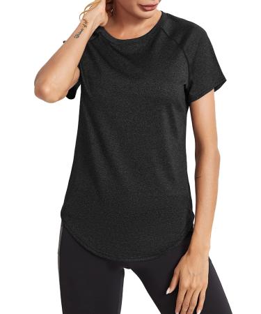 Wayleb Sportshirt women short arm round neck sports t-shirt light breathable functional shirt running shirt training shirt back mesh loose long sportso parts fitness yoga tops s-xxl l black