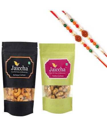 Jaiccha Ghasitaram Rakhi Gifts for Brothers Rakhi Dryfruits - Pack of 2 Pudina Barbeque Cashews Pouches Small 200 GMS with 2 Rudraksh rakhis