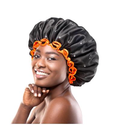 Mikimini extra large black shower hoods 2-pack for women and men thick long hair braids reusable waterproof double-layer XL bathroom hair hood with bright orange rim XL (2-pack) black+orange