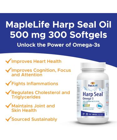 Maplelife Nutrition Harp Seal Oil 500 mg 100% Canadian Arctic Ocean Sourced EPA/DHA/DPA for Better Absorption Boost Brain Power Maintain Cardiovascular Health Lower Cholesterol & Triglyceride Anti-Inflammation Improve Cognitive Function 300 Softgels 300 c - Buy Online on SooperMarket.com