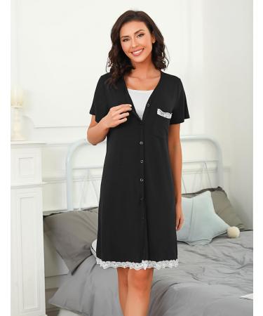 Uniexcosm Maternity Nursing Nightdress - Women's Soft Short Sleeve Nightgown Stripe Sleepwear in Black - Buy Online on SooperMarket.com