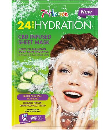 7th Heaven 24 Hour Hydration CBD Infused Bamboo Sheet Facial Mask Enriched with Vitamin E Helps to Maintain your Complexion's Radiance and Revitalise Fatigued Skin Dermatalogically Tested single Cucumber