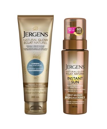 Self Tanner Duo Jergens Natural Glow +Firming Daily Moisturizer & Gradual Body Lotion Med to Deep and Instant Sun Sunless Tanning Mousse - Deep Bronze