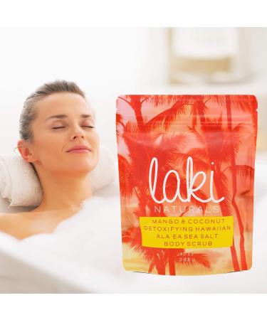 Laki Naturals Sea Salt Body Scrub | Exfoliating Dead Sea Salt & Volcanic Clay Detox Scrub - 10oz Mango & Coconut - Buy Online on SooperMarket.com