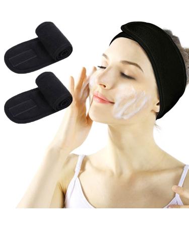 Facial Spa Headband - 2 Pcs Makeup Shower Bath Wrap Sport Headband Terry Cloth Adjustable Stretch Towel with Magic Tape Black+Black
