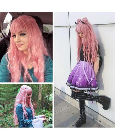 YEESHEDO 28 Inch Long Pink Synthetic Wavy Wig with Fringe for Women - Ideal for Party, Cosplay, or Daily Wear - Buy Online on SooperMarket.com