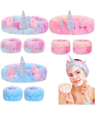 Yunlly 9 Pcs Spa Face Washing Headband Wristband Cute Unicorn Set  Makeup Headband Skincare Headbands Facial Headband for Washing Face Sleepover Party Supplies for Girls