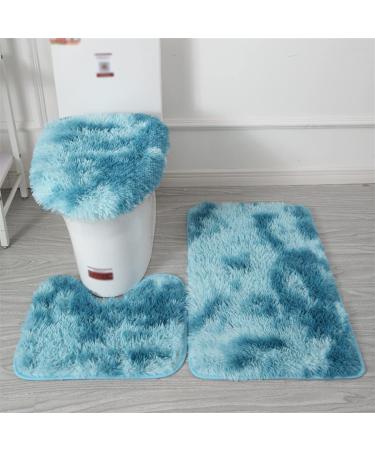 Lifup bathroom carpet set 3 partial non -slip shaggy bathing mat fluffy contour bathroom carpet long -floral toilet seat cover tie dye blue 2