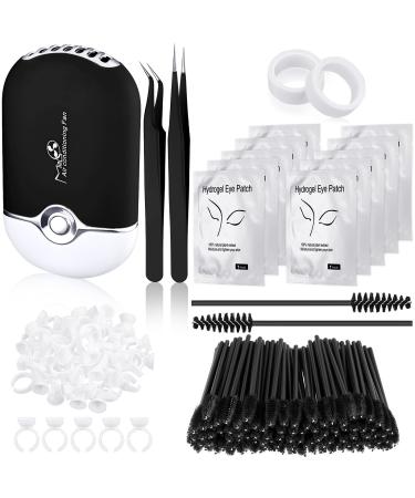 Honoson Eyelash Extension Supplies, USB Air Conditioning Blower, 2 Straight and Curved Tweezers,100 Disposable Mascara, 50 Glue Ring Holder, 2 Tapes, 10 Pairs Under Eye Gel Pads (Black)