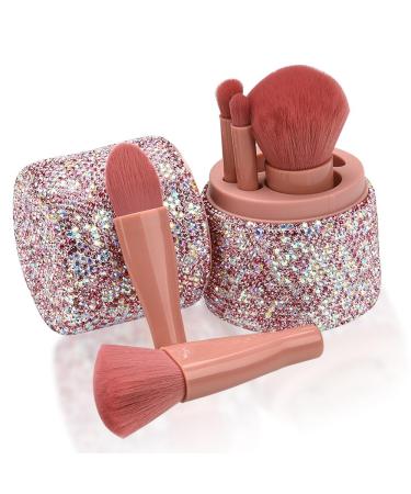 XhuangTech Makeup Brushes with Bling Rhinestone Case 5Pcs Premium Synthetic Cosmetic Brush Set with Professional Foundation Brushes Powder Concealers Eye Shadows Blush for Perfect Makeup (Pink)