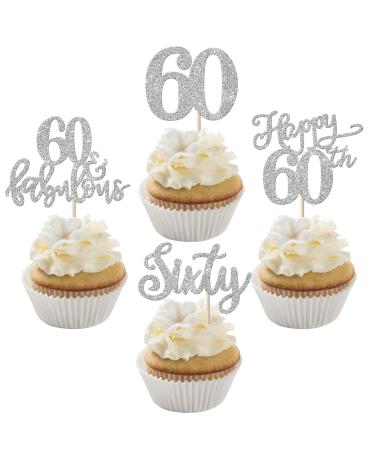 Rsstarxi 24 Pack Happy 60th Birthday Cupcake Toppers Glitter Sixty 60 Fabulous Cupcake Food Picks for 60th Birthday Wedding Anniversary Party Cake Decorations Silver Design 1 60th Silver
