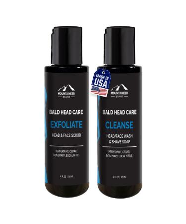Mountaineer Brand Bald Head Care For Men | Exfoliate (4oz) and Cleanse Shampoo (4oz) | All Natural Exfoliating Scalp and Face Scrub | Moisturizing and Hydrating Shaving Soap and Wash