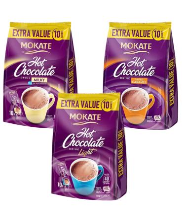 Hot Chocolate Bundle With Mokate Milky 10 Pack 180g Salted Caramel 10 Pack 180g and Light Hot Chocolate 10 Pack 110g (3 Pack)