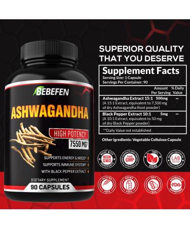 Ashwagandha Capsules 7550mg with Black Pepper Extract - Energy Support Supplement - 90 Capsules - 3 Months Supply - Buy Online on SooperMarket.com