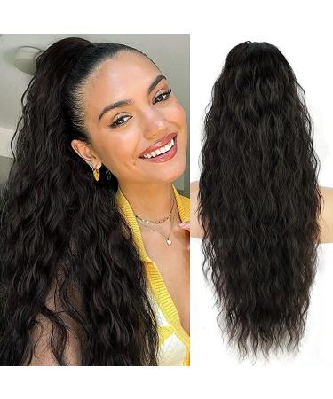 PORSMEER 28 inches Ponytail Extension Natural Black Long Beach Wave Drawstring Clip in Pony Hair Extension Synthetic Pony Tail Hairpiece for Women