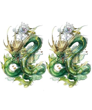 Oottati 2 Sheets Arm Thigh Waterproof Fake Temporary Tattoos Sticker Green Chinese Dragon