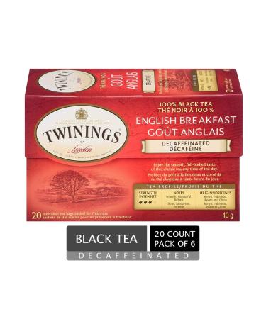 Twinings Decaf English Breakfast Individually Wrapped Tea Bags | Decaffeinated Black Tea | Smooth Flavourful Robust | 20 Count (Pack of 6) | Enjoy Hot or Iced Decaf English Breakfast 20 Count (Pack of 6)