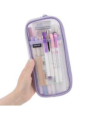 EASTHILL Grid Mesh Pen Pencil Case with Zipper Clear Makeup Color Pouch Cosmetics Bag Multi-Purpose Travel School Teen Girls Transparent Stationary Bag Office Organizer Box for Adluts(Purple)