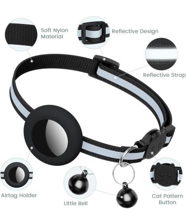 Reflective Airtag Cat Neck Band | Integrated Holder & Bell | Safety Buckle for Kittens & Puppies - Black - Buy Online on SooperMarket.com