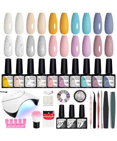 Gel Nail Polish Set VANREESA 10 Colours Gel Nail Polish Kit with U V Nail Lamp Autumn Gel Polish Set Popular Yellow Blue White Gel Nail Kit with Glossy Matte Top Coat Gift for Women DIY at Home 26 Pieces set