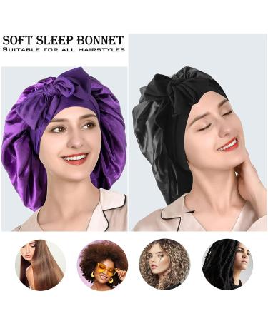 Classycoo 2PCS Large Satin Sleep Bonnet Set - Adjustable Silk Bonnet for Women and Men | Black + Purple - Buy Online on SooperMarket.com
